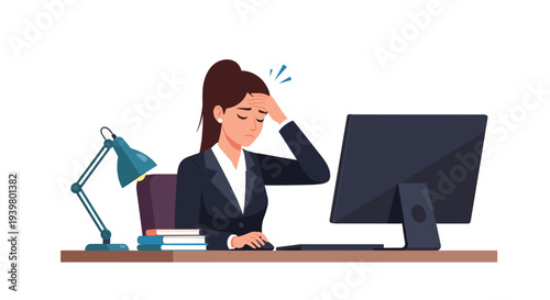 A visibly stressed businesswoman with a ponytail sits intently at a dark desk, holding her head while working on a computer.