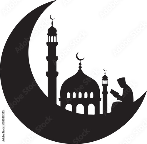 Serene Islamic Mosque Silhouette with a Devotee Reading upon a Crescent Moon
