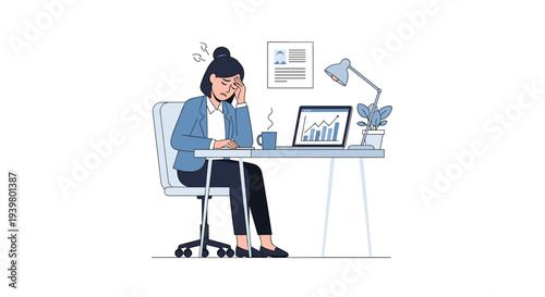 A stressed woman in a blue blazer sits at a white desk, holding her head near a laptop, coffee, and a desk lamp.