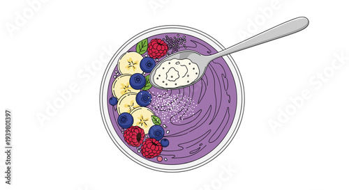 A vibrant purple smoothie bowl, garnished with fresh berries and banana slices, is presented with a spoon holding a white topping.