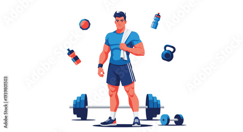 A muscular young man stands with a towel over his shoulder, surrounded by floating gym equipment including a barbell, dumbbells, and kettlebell, on a white background.
