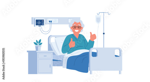 An elderly woman in a blue hospital gown sits in a hospital bed, giving two thumbs up, with an IV stand and medical monitor visible on a white background.
