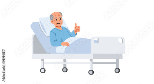 An elderly man in a blue hospital gown sits up in a white hospital bed, giving a thumbs up, with the bed's wheels visible on a white background.