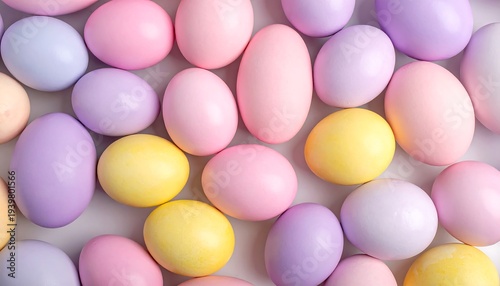 A close-up, overhead shot of dyed eggs. The eggs are pastel hues of pink, yellow, and purple. They are scattered