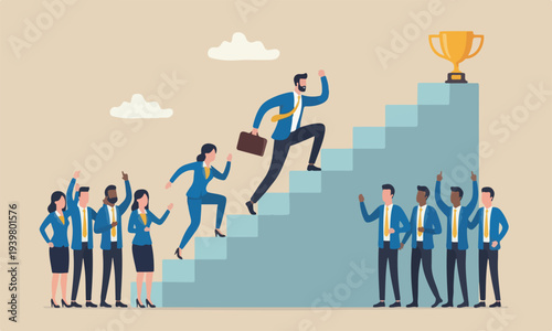  Business competition lines and minimal shading. teams together businessman and businesswoman walk stair compete trophy