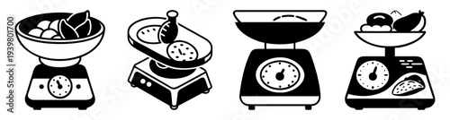 Set of four black and white kitchen food scales vector illustration isolated on white background