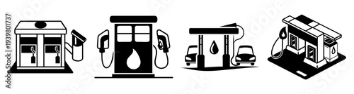 Modern flat design gas station icons set with fuel pumps and convenience store vector illustration isolated