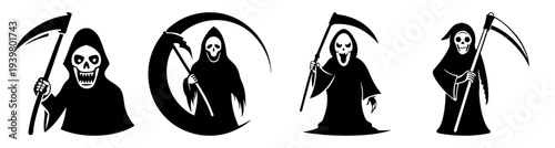 Grim reaper vector illustrations set, death personifications in black robes with scythes, Halloween horror symbols, spooky isolated characters for dark themes