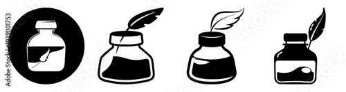 Black ink bottle and feather quill set on white background for writing calligraphy vintage design minimalist illustration