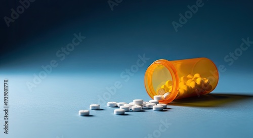An overturned orange pill bottle with white pills spilled out on a blue surface