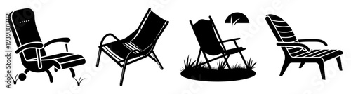 Set of four modern outdoor lounge chairs with fire pit and umbrella isolated on white background