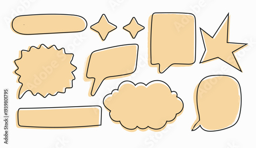 Hand-drawn speech bubbles and comic elements set. Collection of blank yellow thought clouds, star shapes, and chat frames with offset black outlines. Vector flat illustration for social media, journal