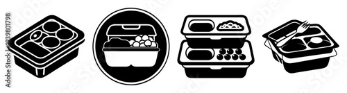 Set of four empty meal prep containers with lids isolated on white background for healthy diet and food storage