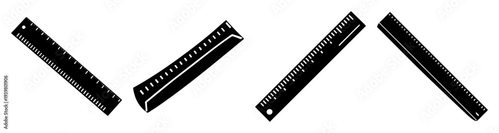 Fototapeta premium Three black and silver metal rulers aligned horizontally on white background for precision measurement tools