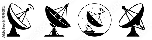 Three black satellite dishes icons isolated on white background vector illustration communication technology signal broadcasting
