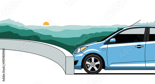 Car Hitting a Concrete Road Barrier with Mountain Landscape Background.