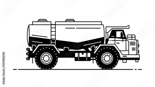 Fuel tanker truck illustration, black and white line art vector of industrial heavy vehicle.
