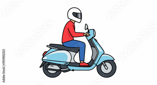 Man riding a blue classic scooter wearing a helmet, flat line art illustration.