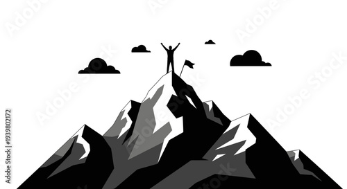 Businessman silhouette standing on top of mountain peak celebrating success.