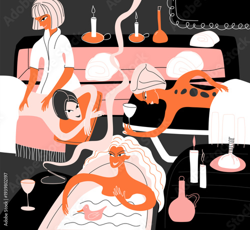 Friends came for relaxation with massage and incense. Vector illustration of a bachelorette party at a spa salon.