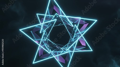 Abstract geometric shapes with glowing blue neon light in dark setting