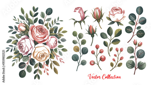 Delicate botanical illustration featuring a bouquet of roses and assorted foliage elements