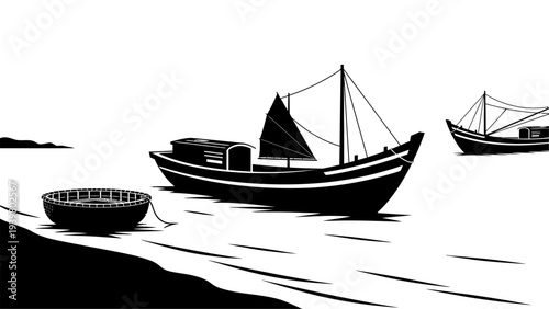 Traditional Asian fishing boats silhouette on the sea.