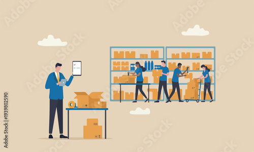 Checking inventory teams together The style of the illustration is modern, flat design with clean lines and minimal shading businessman entrepreneur starting business checking package before shipping