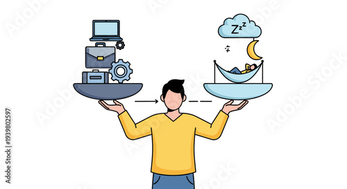 Work life balance concept illustration showing a man balancing career and rest.