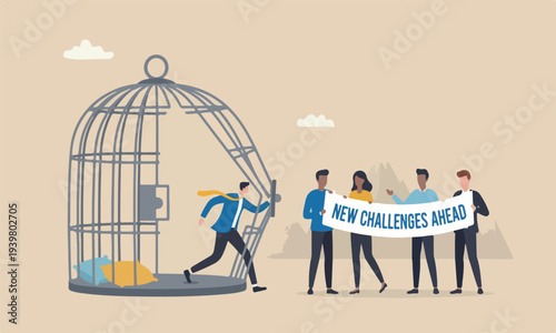 challenge meeting ambitious businessman bended the bar and escape from bird trap.