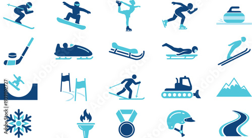 Collection of vibrant blue and teal icons representing various winter sports and athletic equipment symbols.