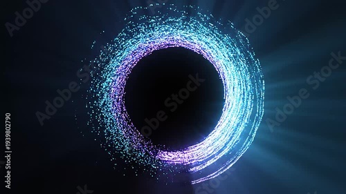 Abstract glowing circle animation with particles on black background