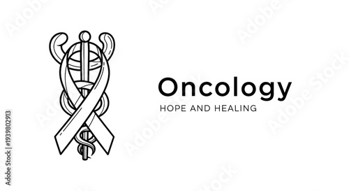 Oncology hope and healing concept with Caduceus medical symbol and awareness ribbon line art.