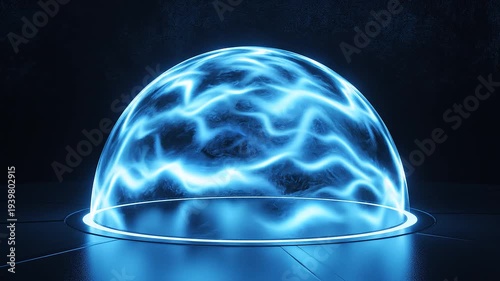Abstract glowing energy sphere on dark surface digital render