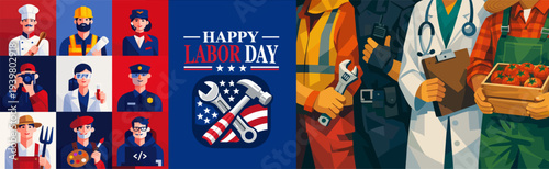 Labor Day vector illustration celebrating different professions including chef, engineer, doctor, farmer and police officer. Patriotic design honoring workers, skills and hard work with tools and Amer