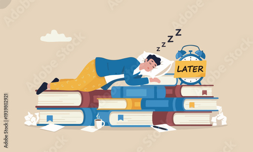  Procrastination, and excuse concept, lazy man sleeping with no clue to wake up with big sticky note written the word later on alarm clock