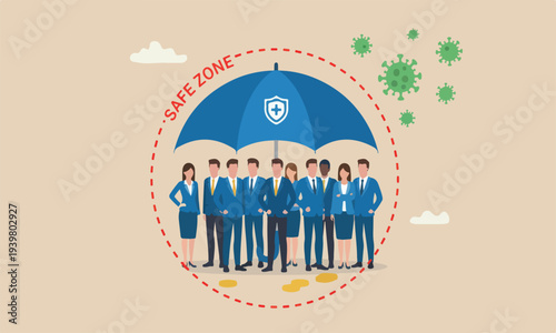 Coronavirus protection, COVID-19 insurance coverage or government policy to help business in Coronavirus crisis, businessmen people help to cover under umbrella to protect from Coronavirus