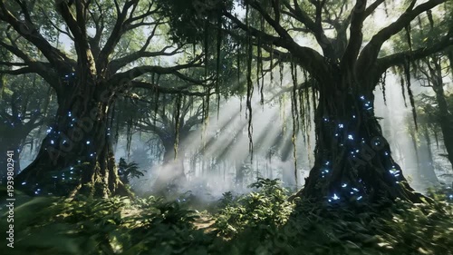 Cinematic camera flight through glowing fantasy jungle forest for game and nature content