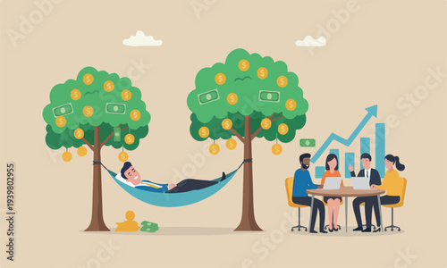 Passive income meeting teams together no by make profit or dividend from investment and achieve financial freedom concept, happy rich businessman sleeping in hammock tied on money tree with dollar coi