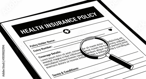 Health Insurance Policy Document with Magnifying Glass.