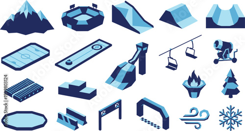 Isometric blue icons representing various winter sports venues, equipment, and seasonal elements perfectly.