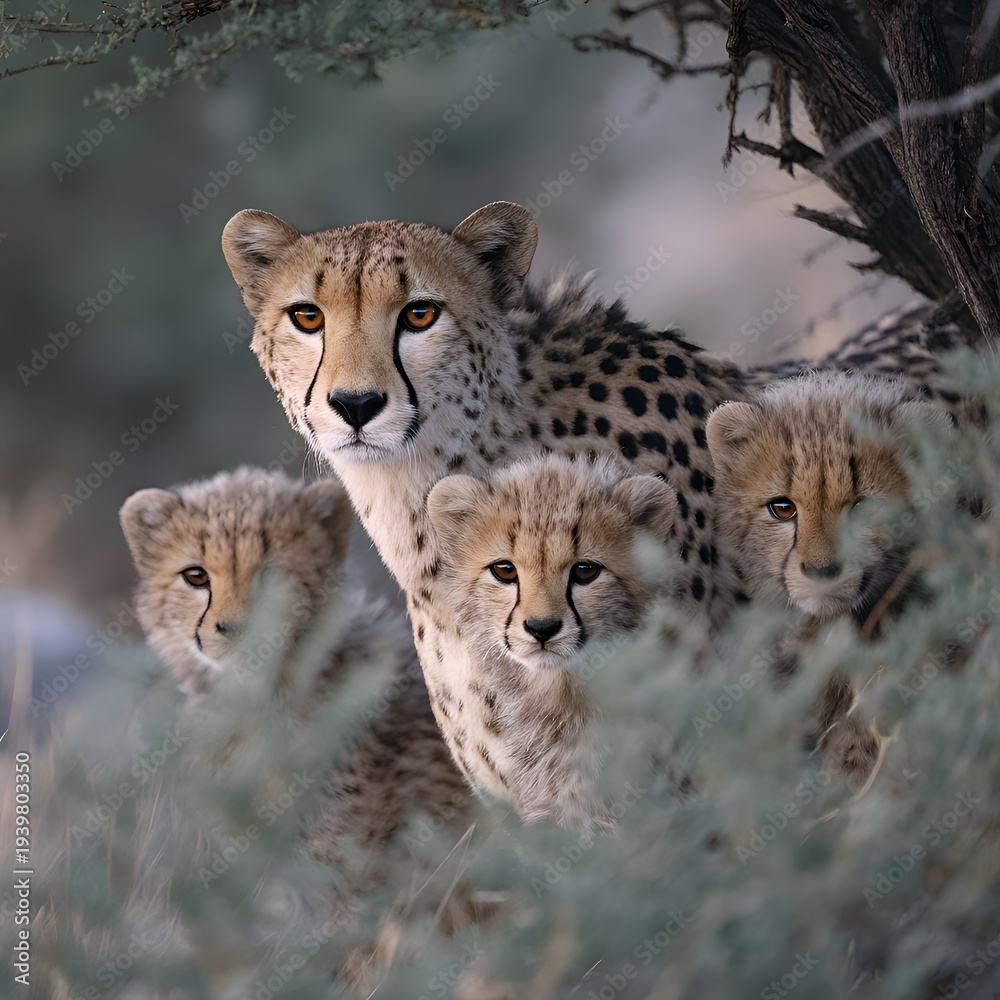 Obraz premium A watchful cheetah mother protectively stands with her three adorable cubs led amongst foliage in the African wilderness on a bright day.
