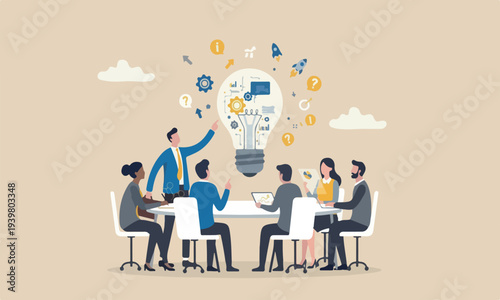 Experiment cream meeting teams together color, with two small flag on red pillars concept, businessman experimenting new idea lightbulb to invent new product.