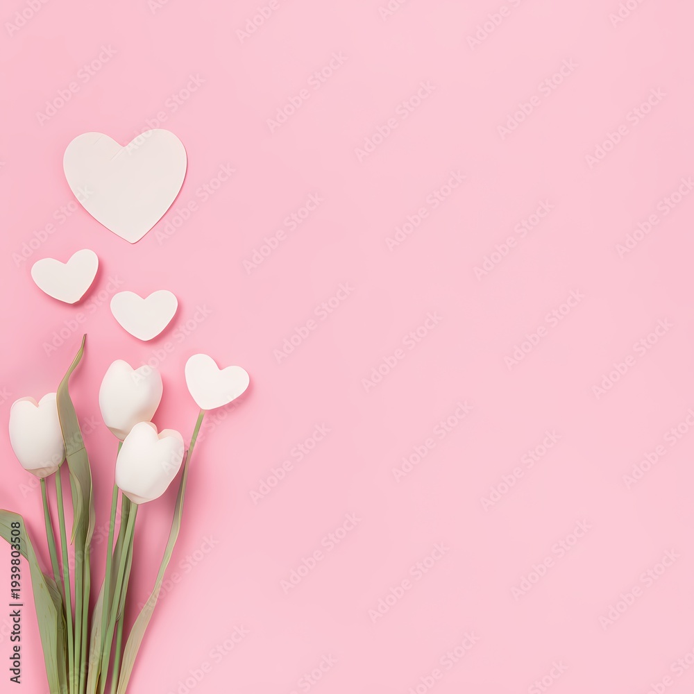 Obraz premium White Tulips and Hearts on Pink Background