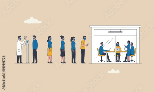 : New normal COVID-19 teams together era, people wearing face mask wait in line keep distance away and checking body temperature before entering store and limit people inside.