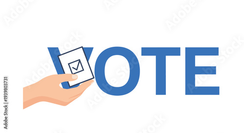 Hand holding voting ballot with check mark and blue text.