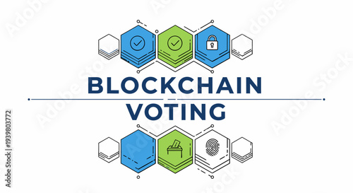 Blockchain voting concept with secure hexagonal icons.