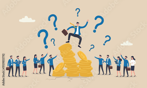 Financial bankruptc together concept, businessman investor falling from stack of unstable money coins.