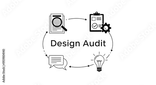 Design Audit process cycle illustration with analysis and improvement icons.