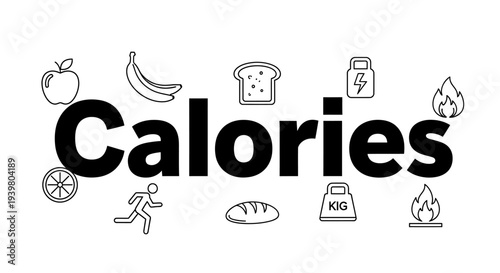 Health and nutrition concept illustration with "Calories" text and food icons.